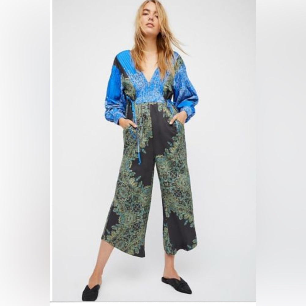 FREE PEOPLE BLOOMING FIELDS BLUE GREEN long sleeve wide leg JUMPSUIT women’s xs